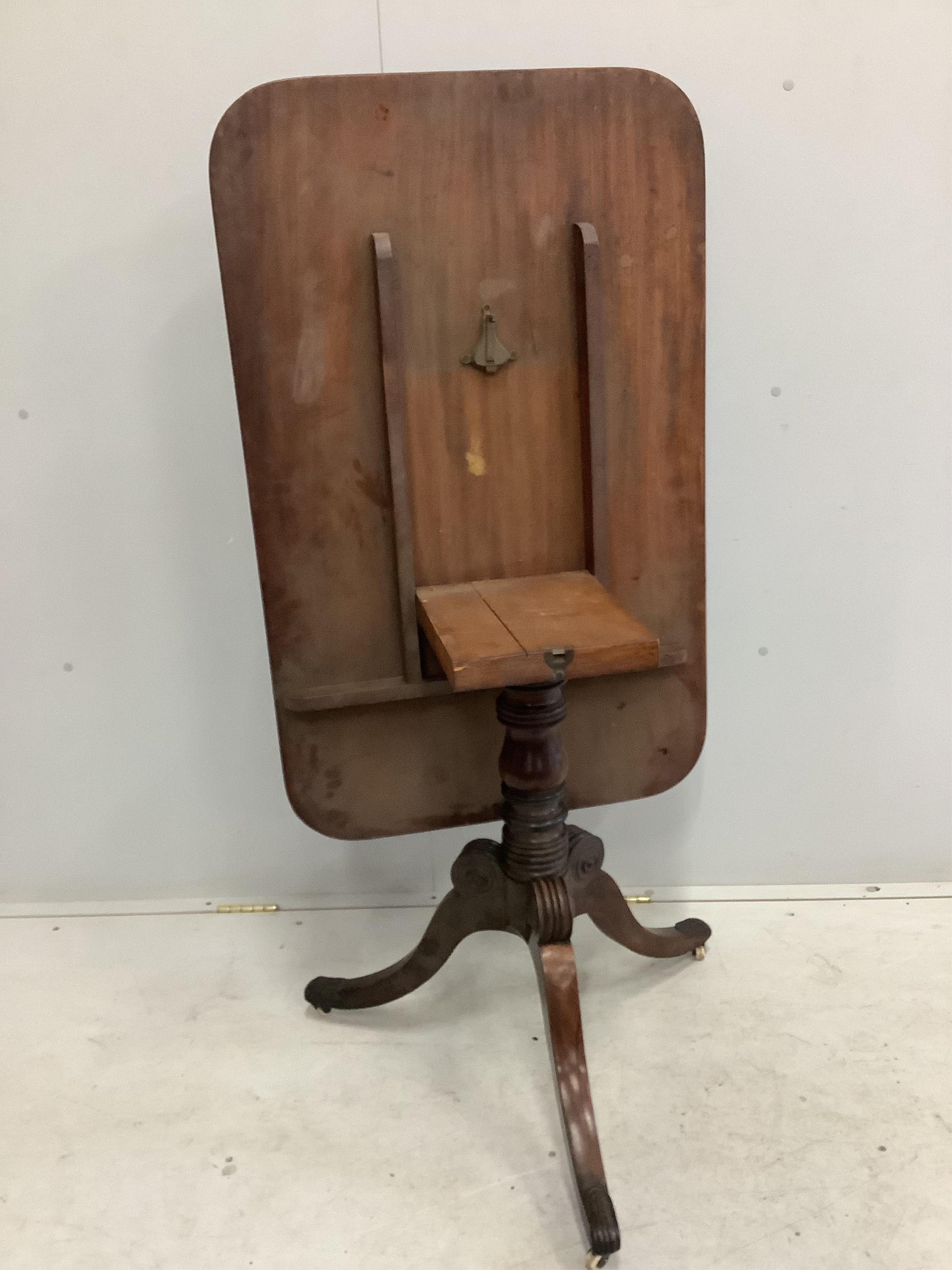 A William IV rectangular mahogany tilt top tea table, width 102cm, depth 64cm, height 72cm. Condition - fair to good